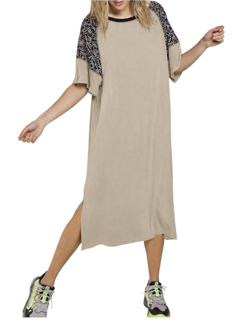 POL Boho Oversized Midi T-Shirt Dress Tan Side Slit Women's Size Medium